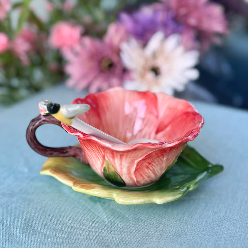 Coffee Or Tea Please - 세라믹 꽃무늬 커피잔 세트 (받침, 스푼